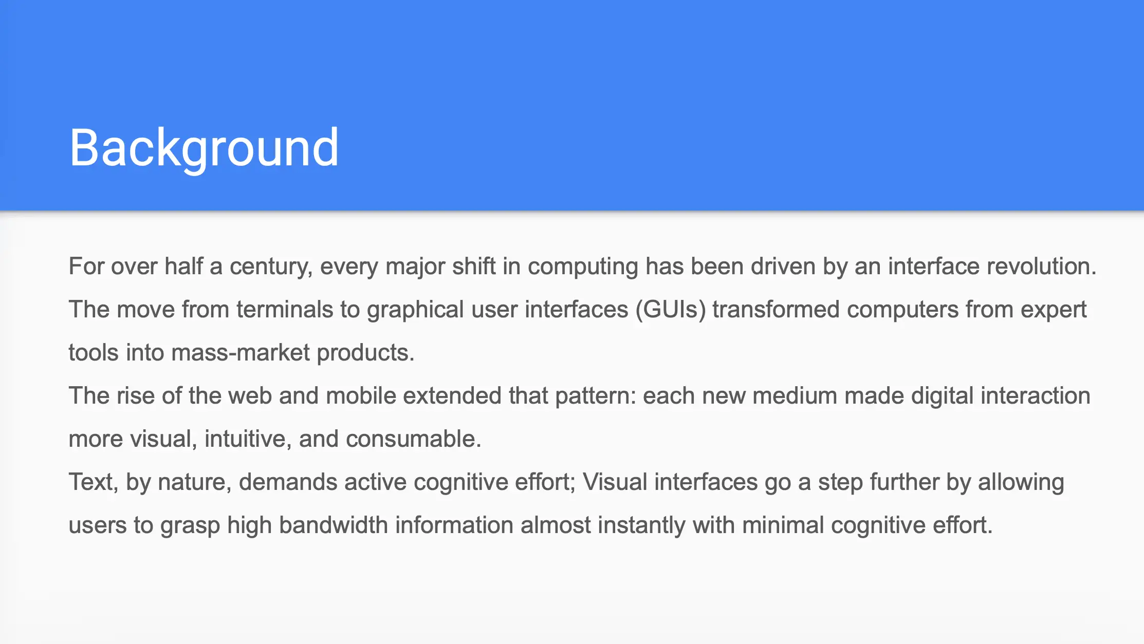 Presentation slide titled “Background” describes computing interface revolutions and the role of visual interfaces.