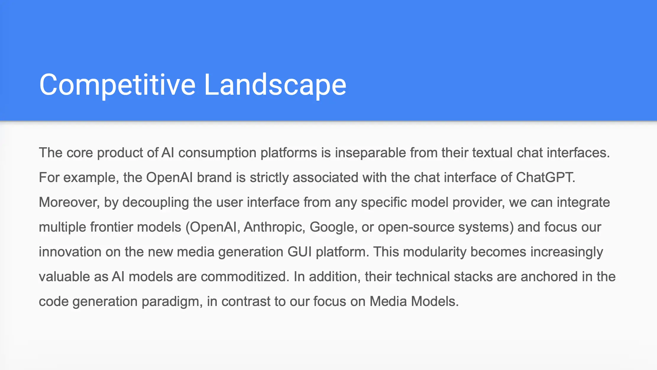 Presentation slide titled “Competitive Landscape” discusses AI chat interfaces, model providers, and media generation GUI platforms.