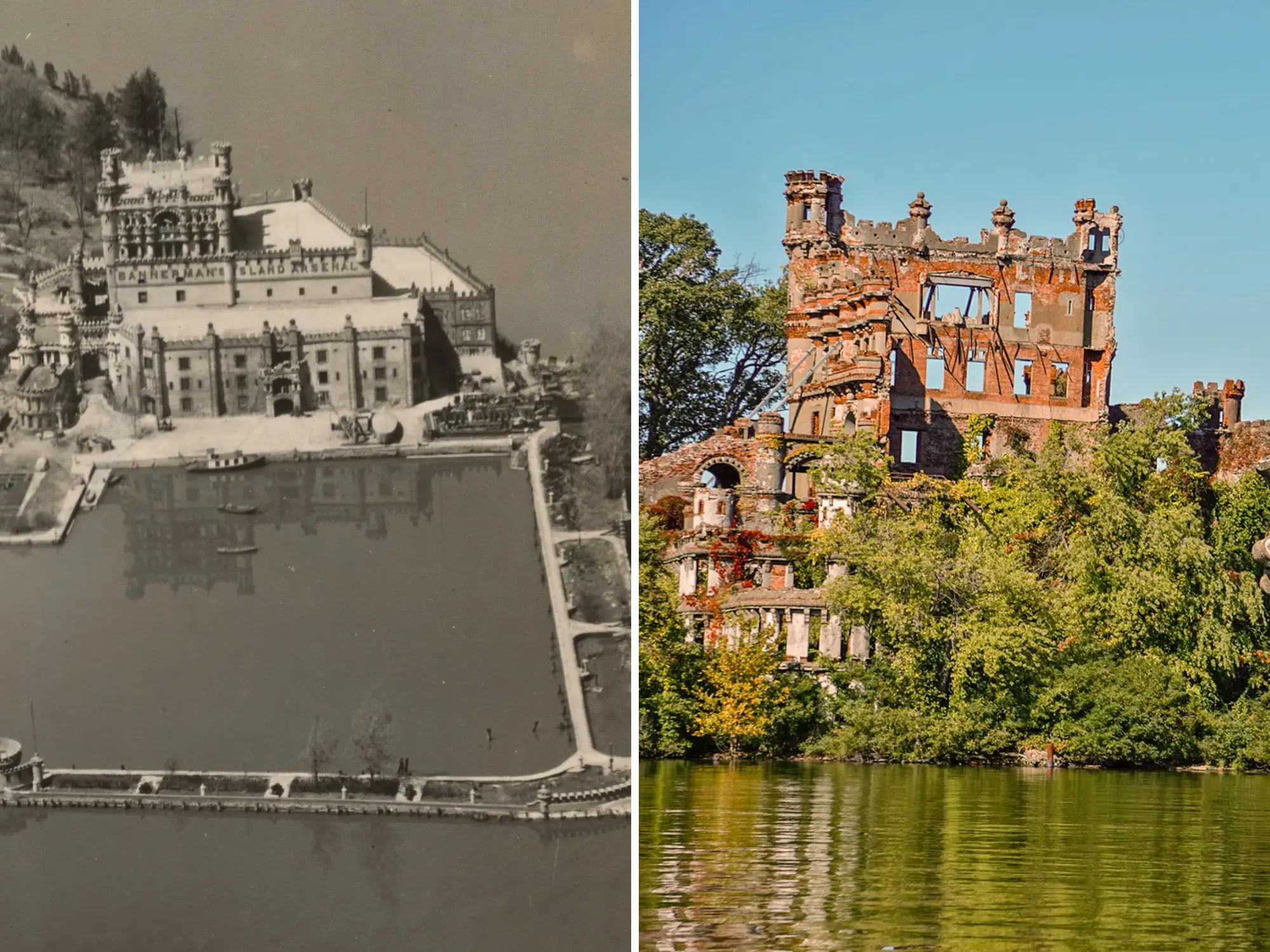 Split view compares historic and modern views of Bannerman Castle beside a river, from intact arsenal to ruined brick facade.