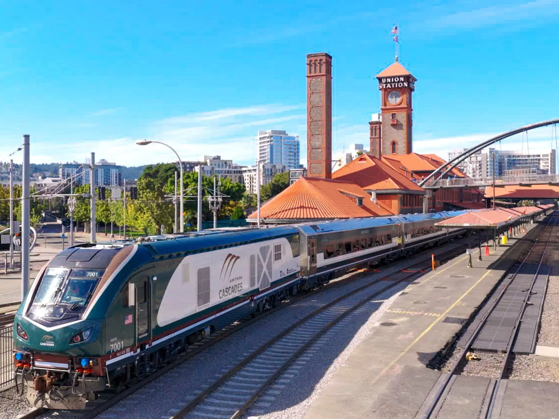 A train leaves the station.