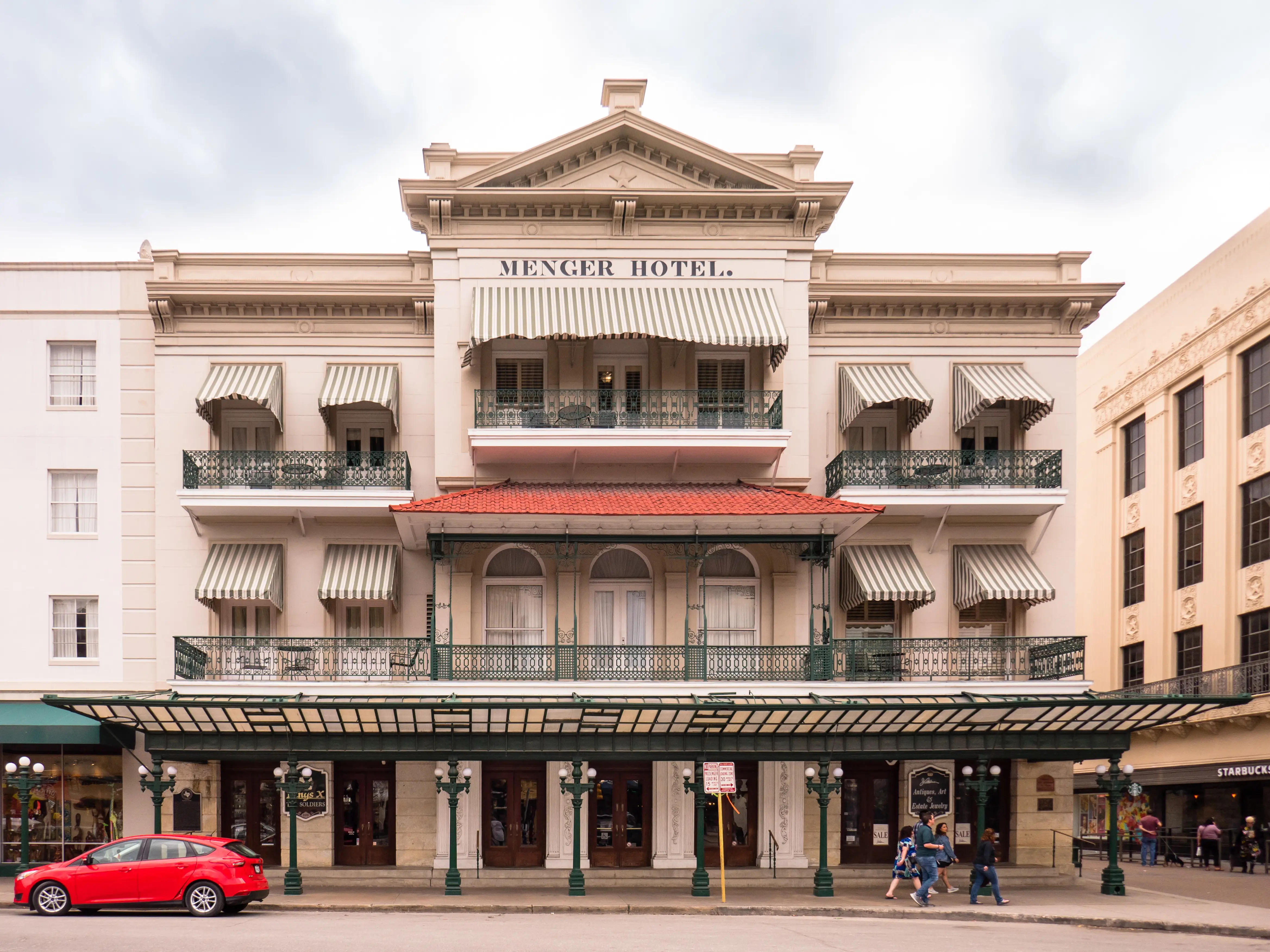 Facade of historic Menger Hotel, Alamo Plaza, San Antonio, Texas stock photo