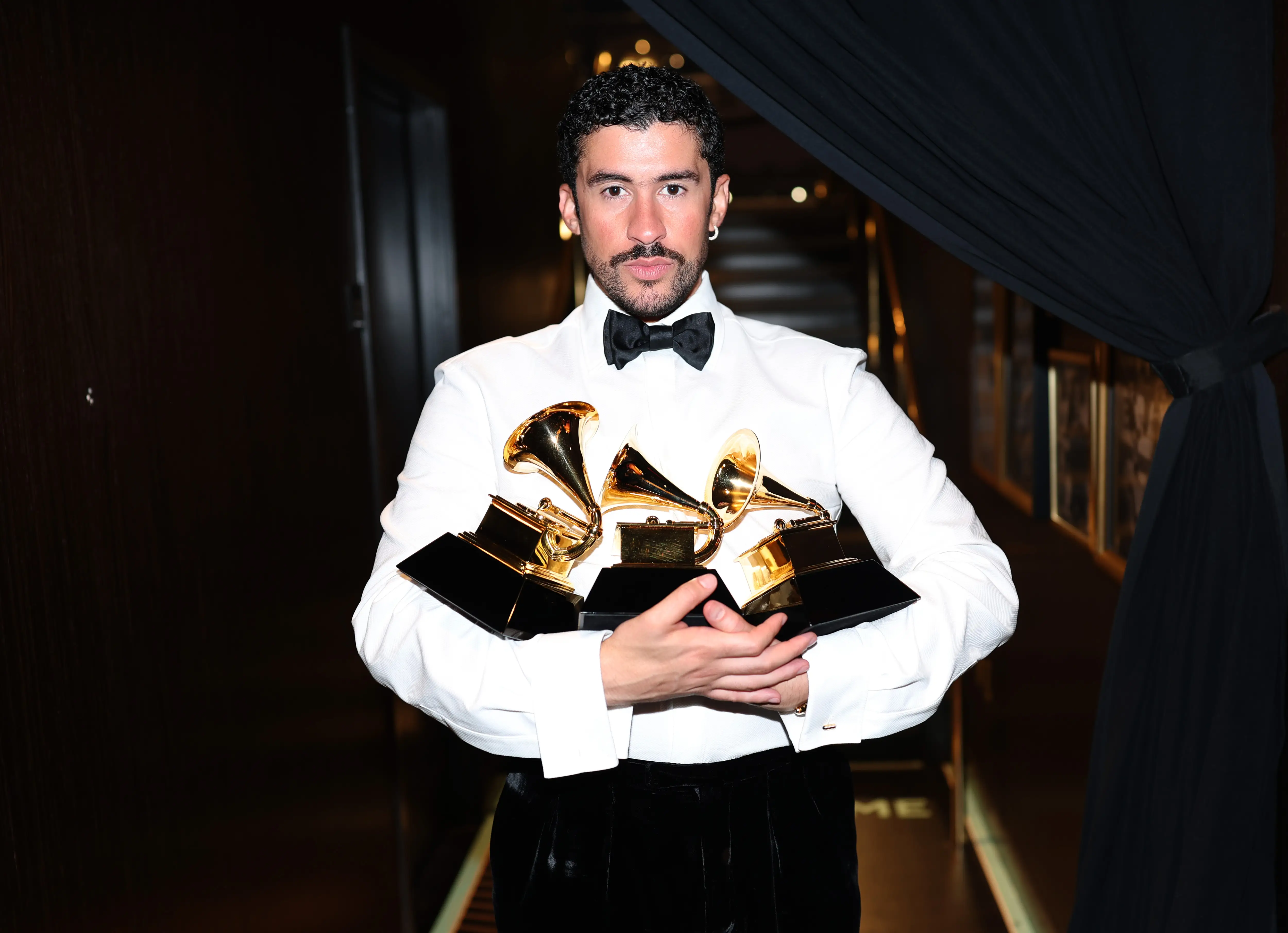 Bad Bunny poses with the Album of the Year, Best Música Urbana Album, and Best Global Music Performance Awards during the 68th GRAMMY Awards at Crypto.com Arena on February 01, 2026 in Los Angeles, California.