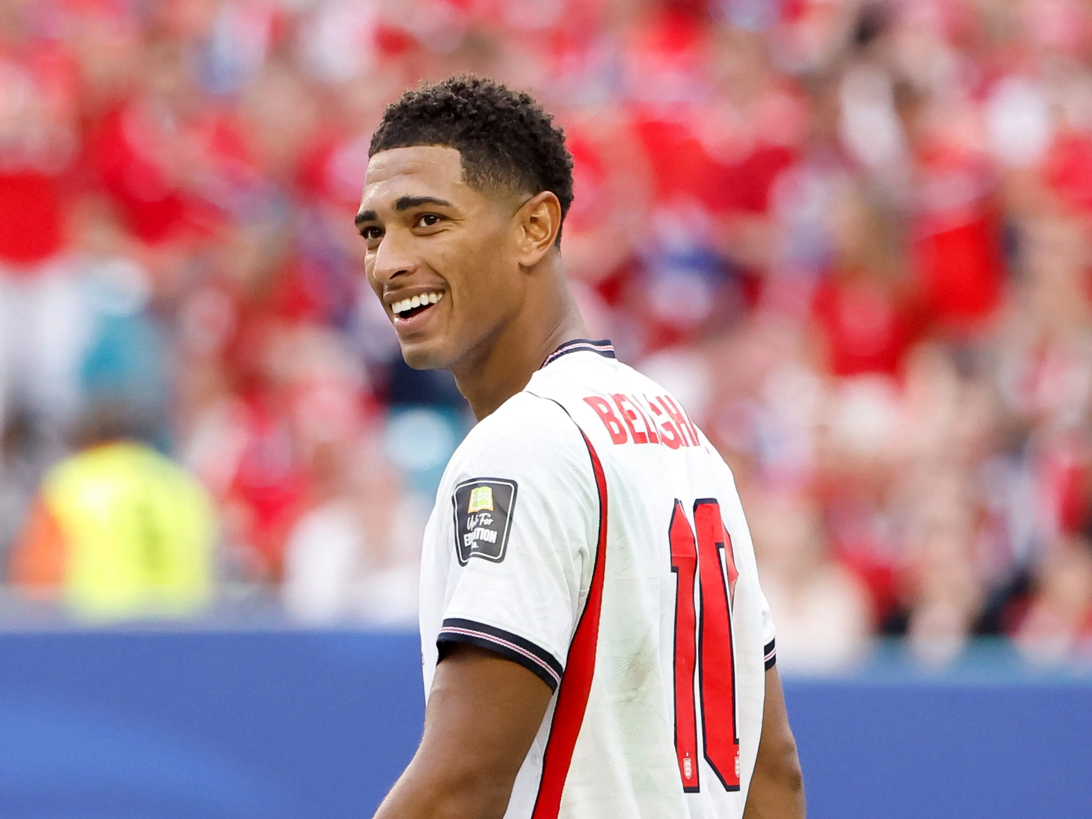 Jude Bellingham #10 of England celebrates his second goal during the FIFA World Cup 2026 Quarter Final football match between Norway and England at Miami Stadium on July 11, 2026 in Miami Gardens, Florida.