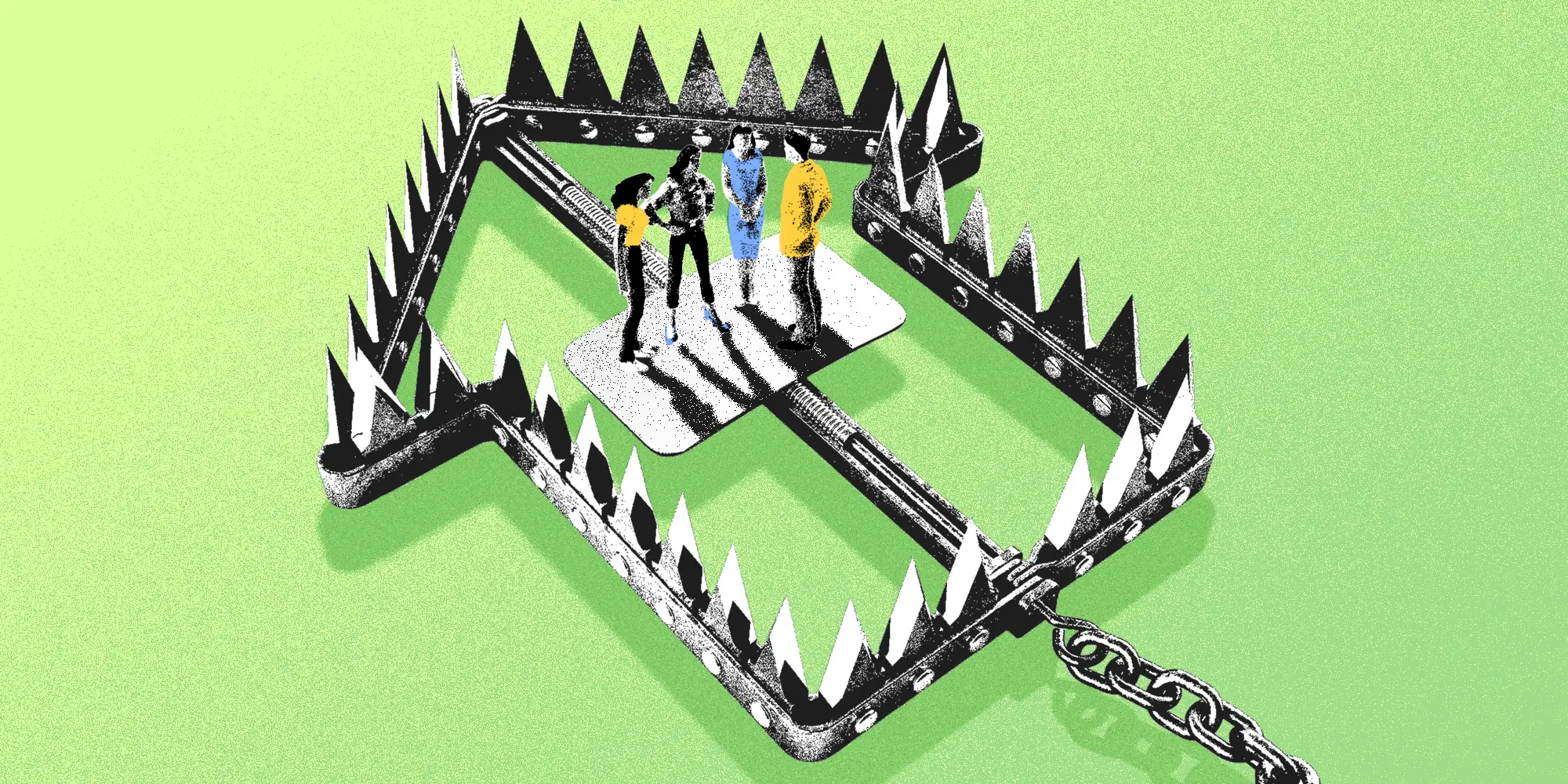 A house shaped bear trap with a group of people talking in the middle