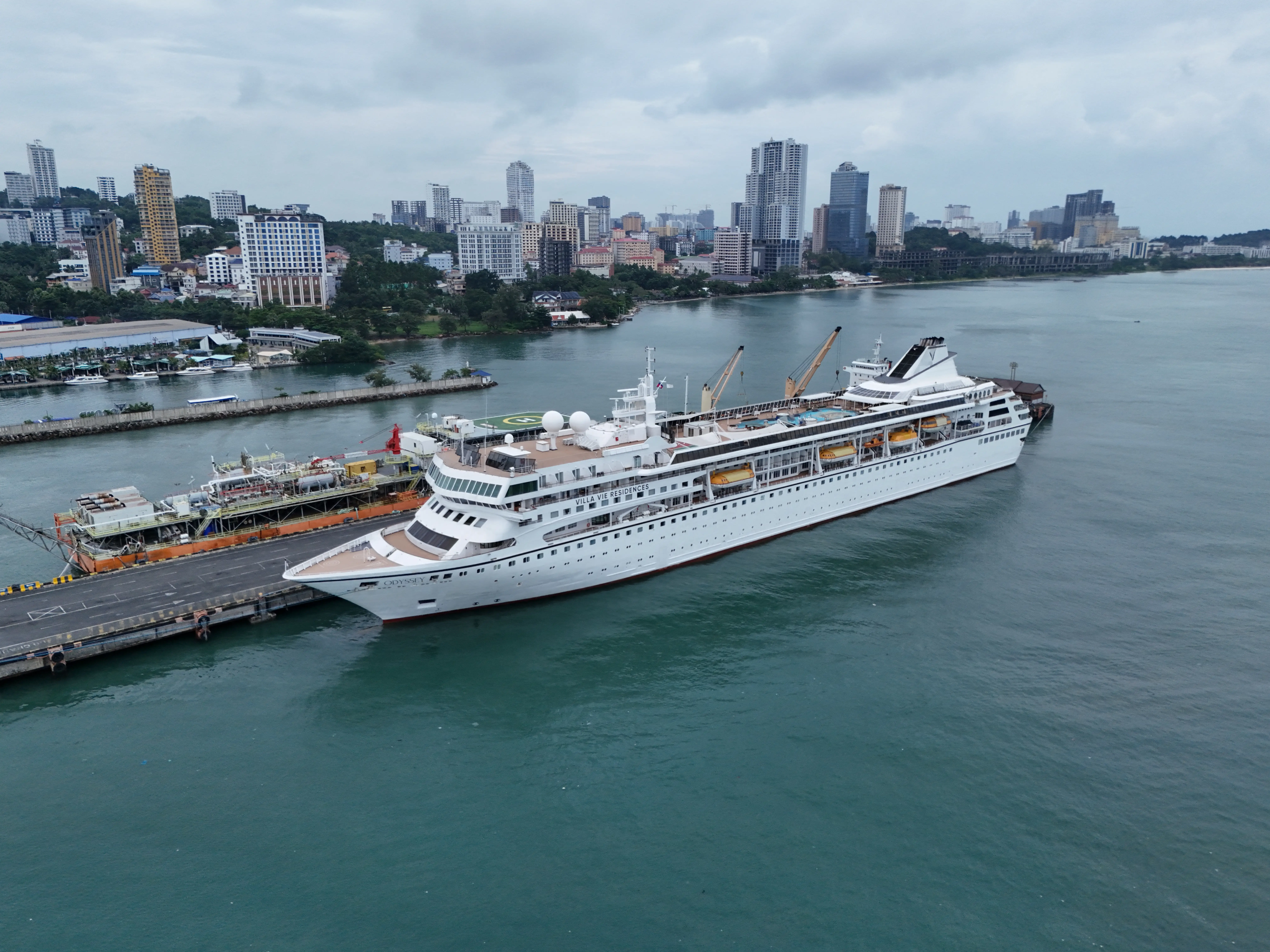 The Villa Vie Odyssey cruise ship in port in Sihanoukville, Cambodia.