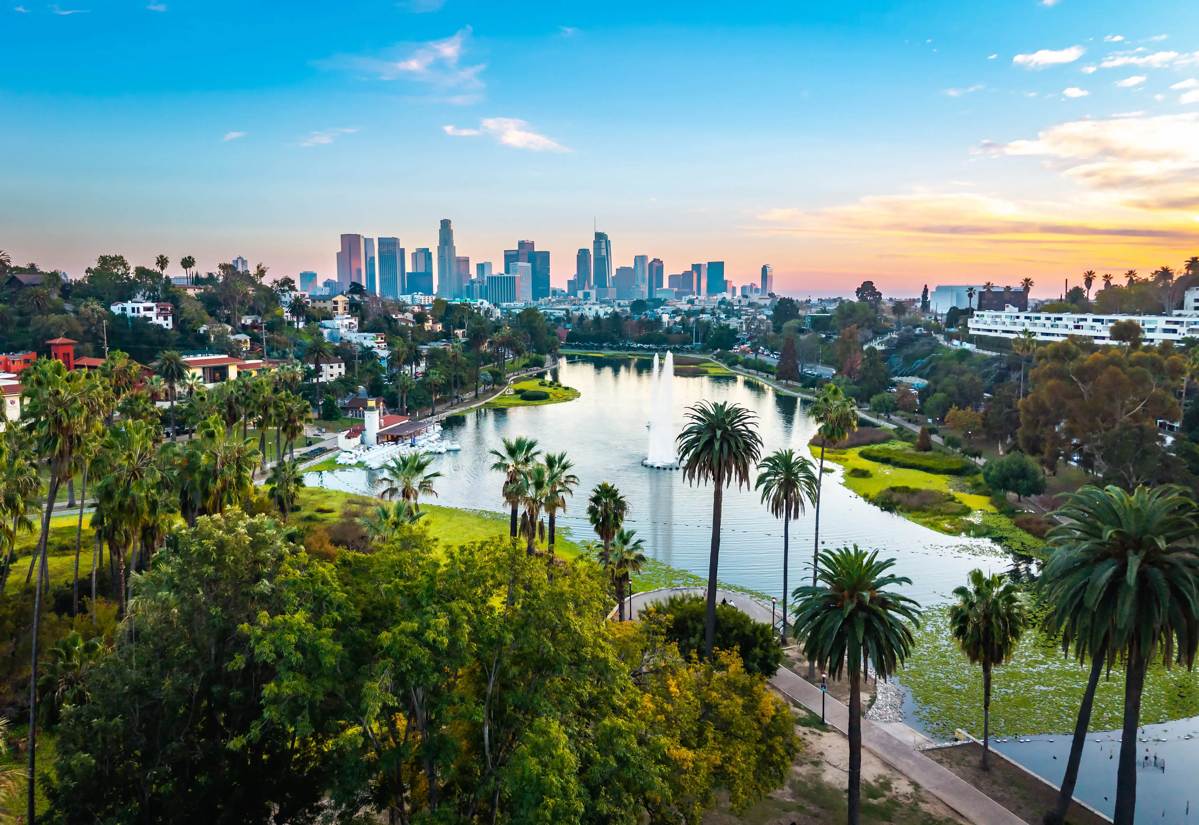 A panoramic and aerial view of the Los Angeles skyline.