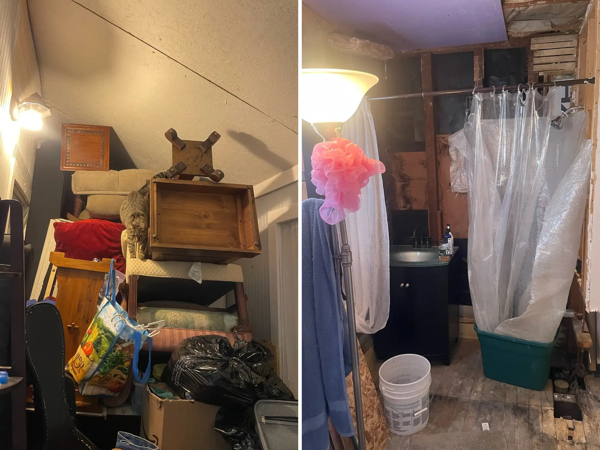 A side-by-side image of the writer's furniture in piles, and an image of a makeshift shower made using a plastic storage bin and a tarp.