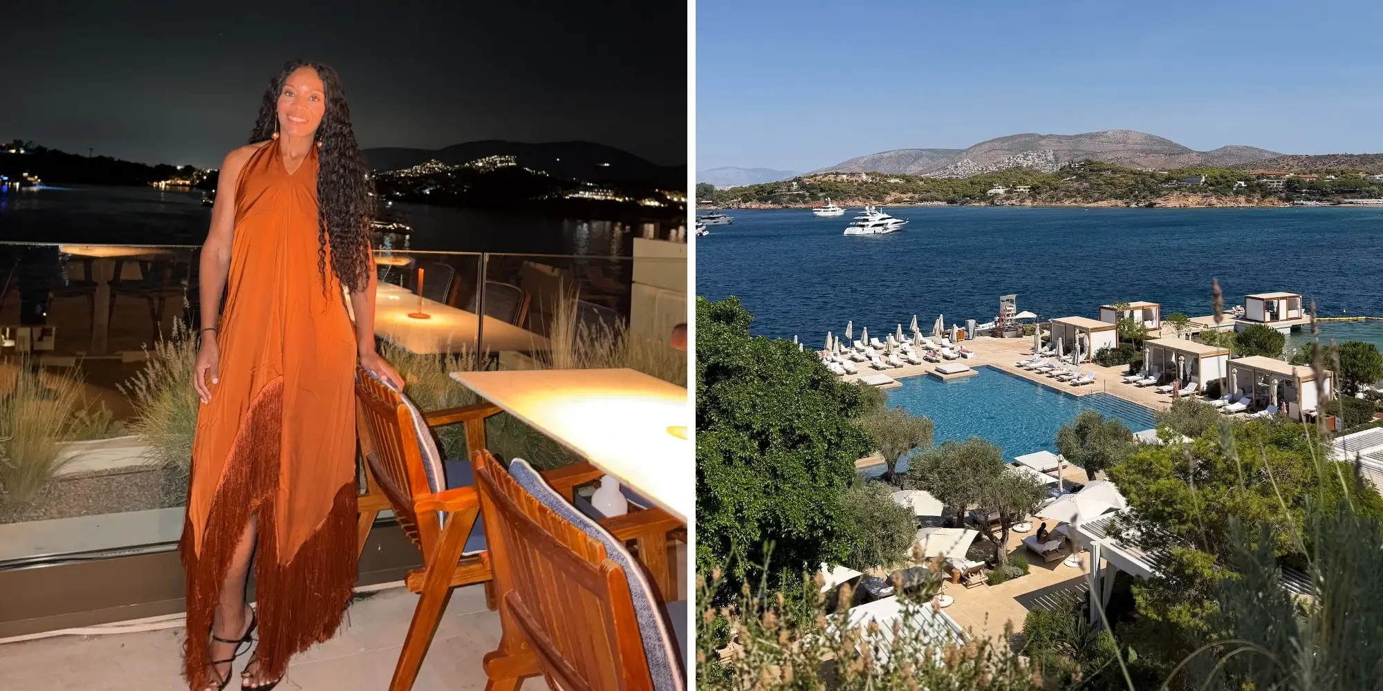 A person in an orange fringed dress stands beside a waterfront terrace next to a sunny seaside resort view.