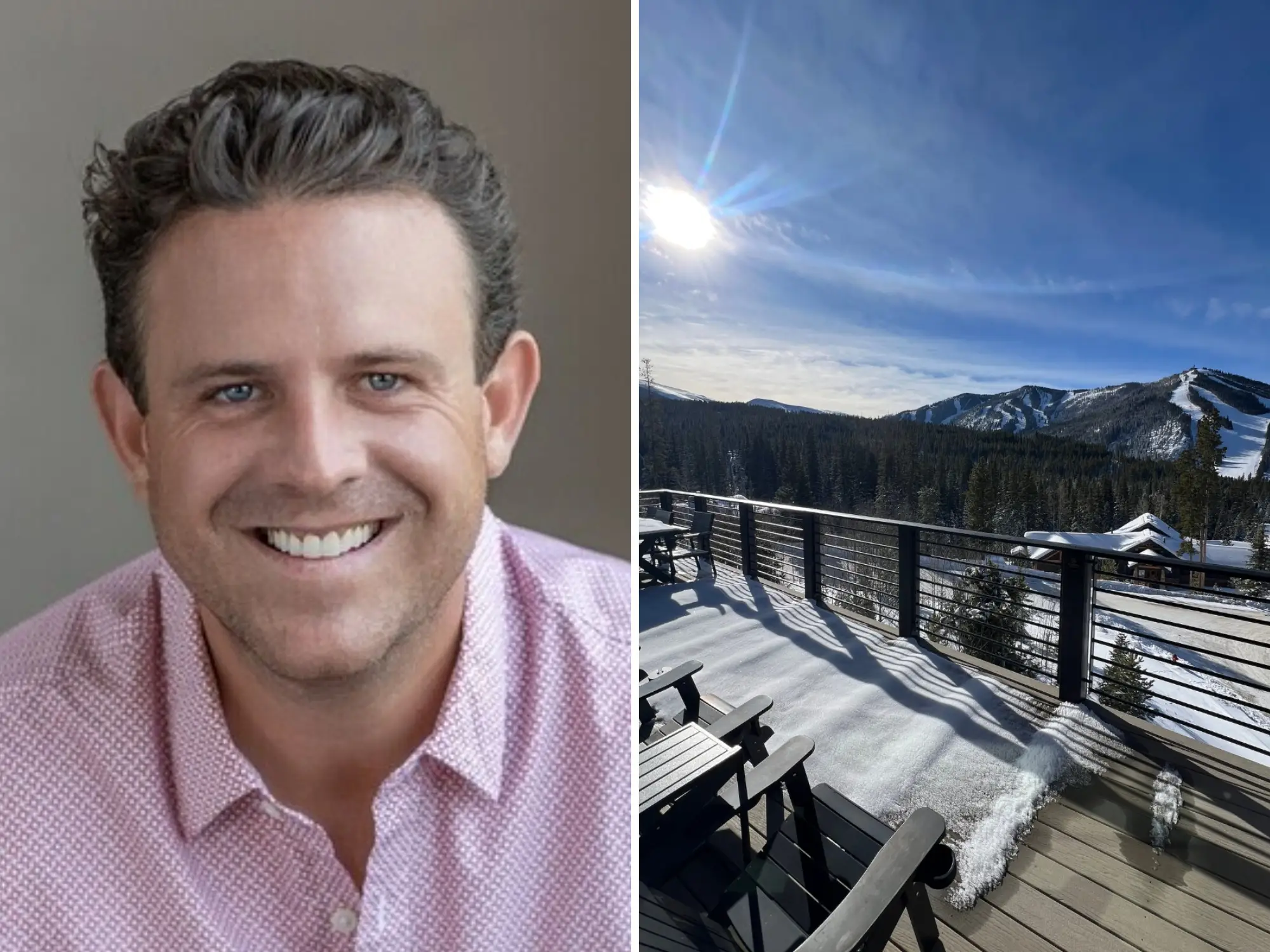 Smiling person beside a snowy balcony view overlooking forested mountains and ski runs under a bright sun.