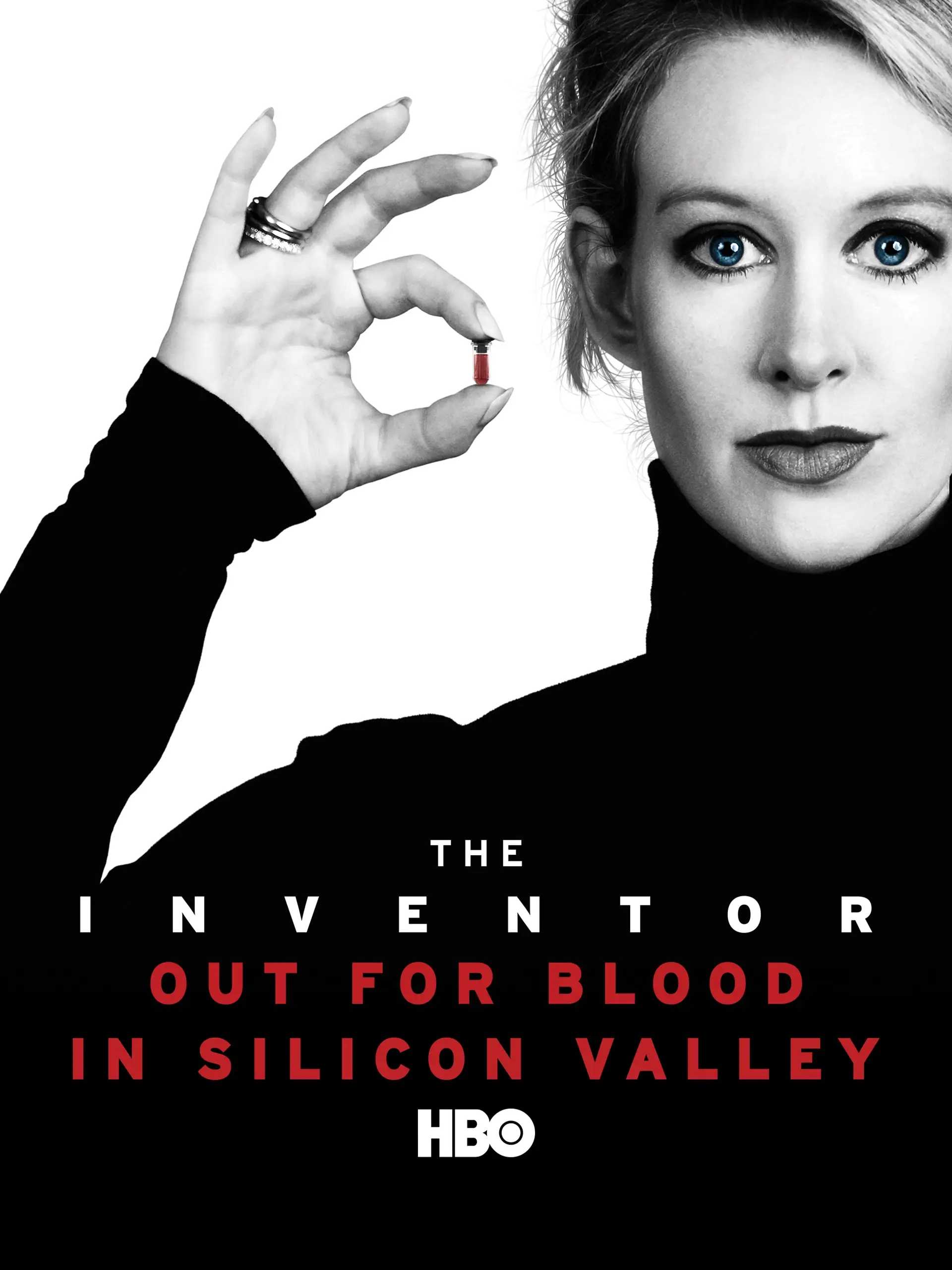 Elizabeth Holmes holding up a vial of blood on the poster for 