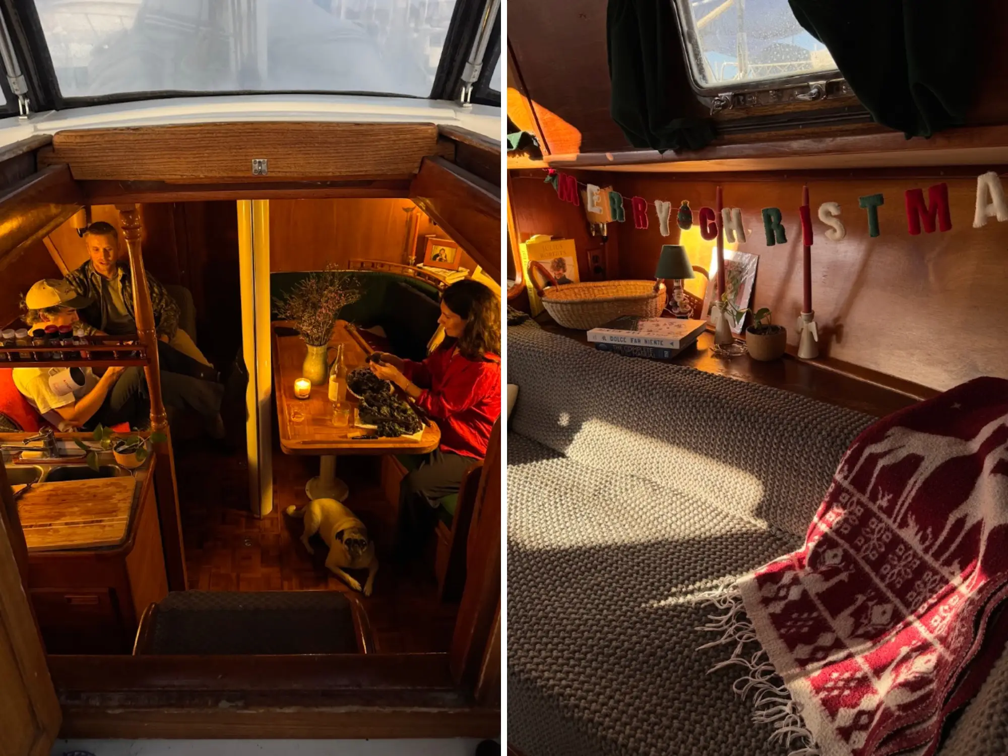 A side-by-side image of the writer sitting inside her boat with friends, and a close-up image of the boat's interior.