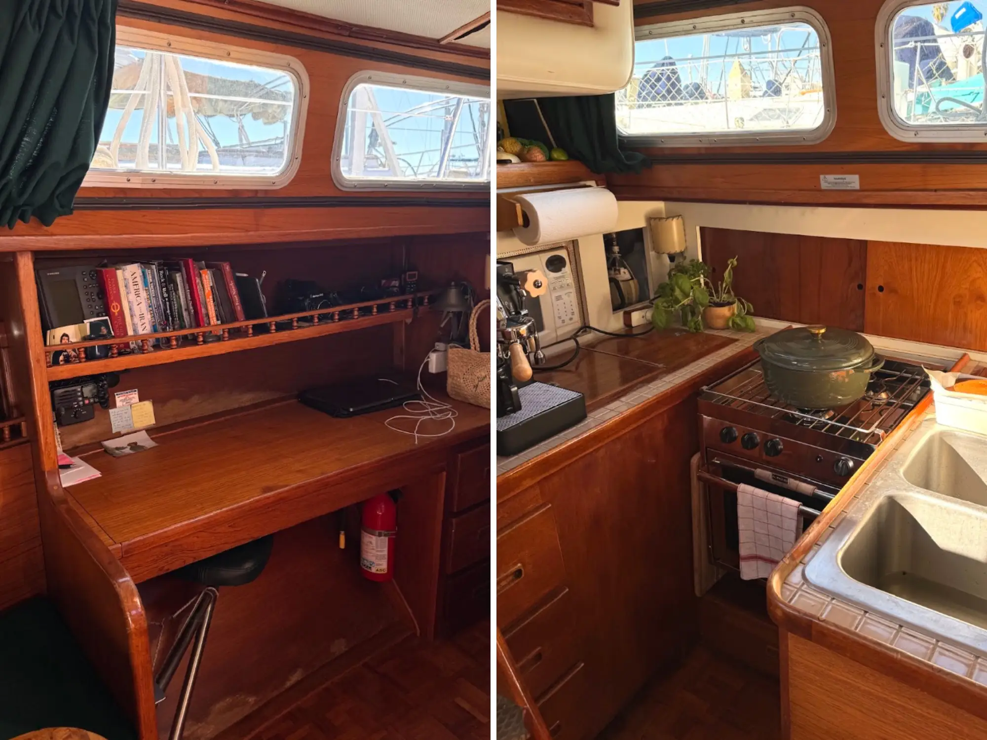 A side-by-side image of the desk inside the writer's boat, and an image of the small kitchen inside the writer's boat.