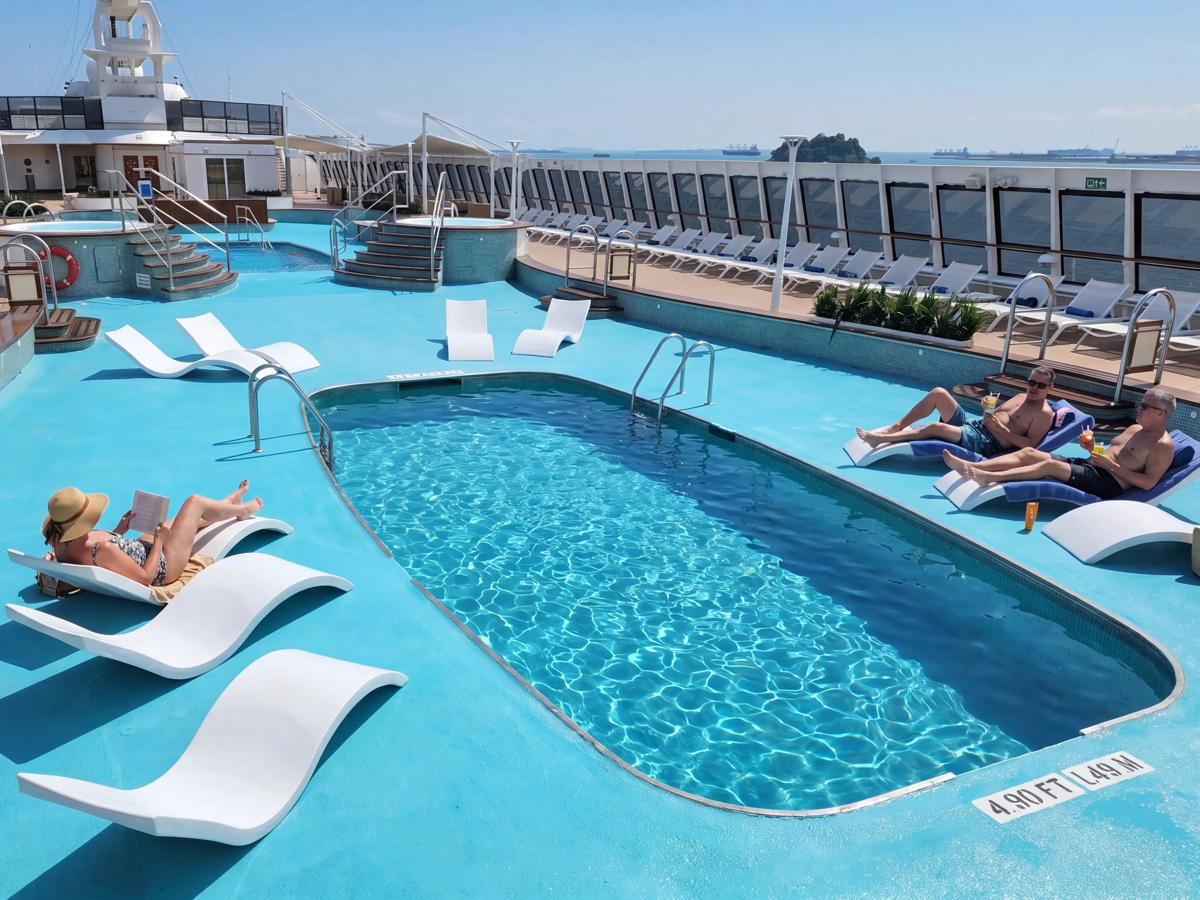 Cruise ship pool deck with lounge chairs, sunbathers, bright blue water, and ocean views beyond the railing.