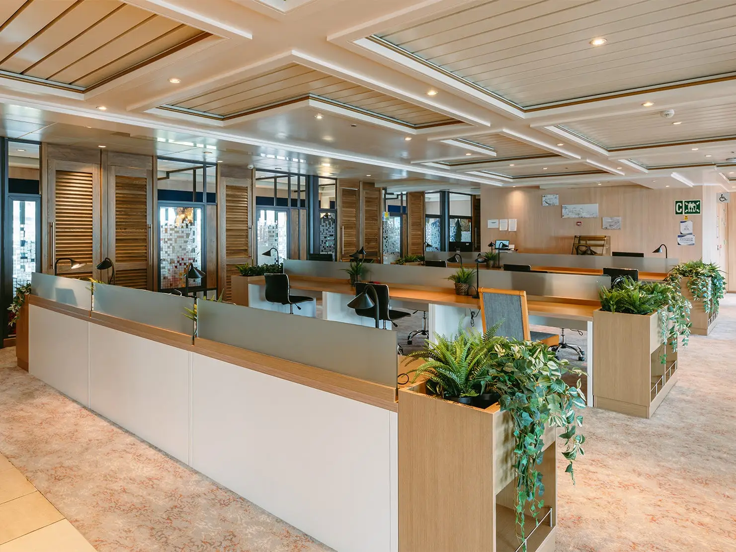 Open-plan office with wood desks, black chairs, indoor plants, glass partitions, and a paneled ceiling.