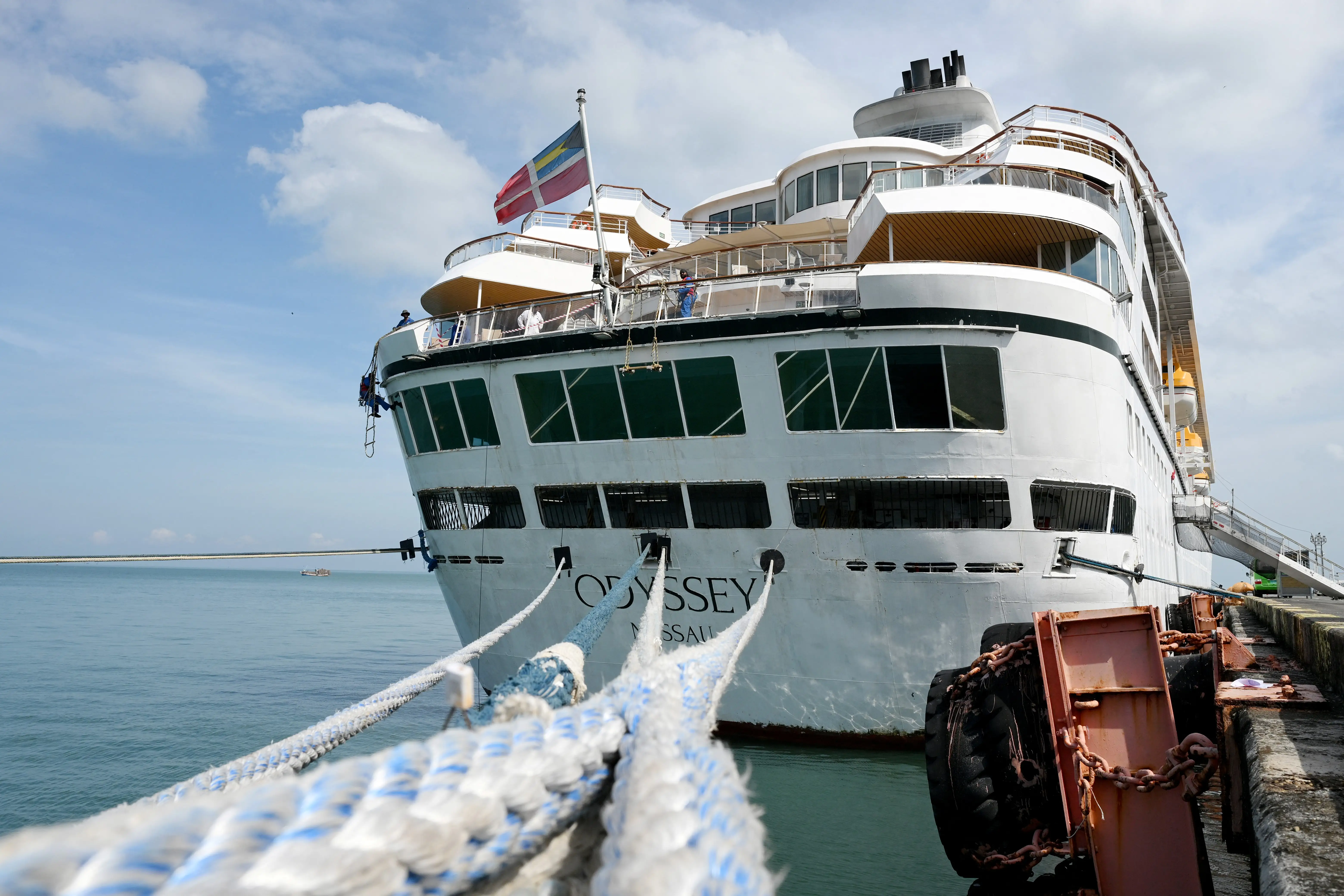 The Villa Vie Residences' cruise ship Odyssey is seen docked at Sihanoukville port, Cambodia.