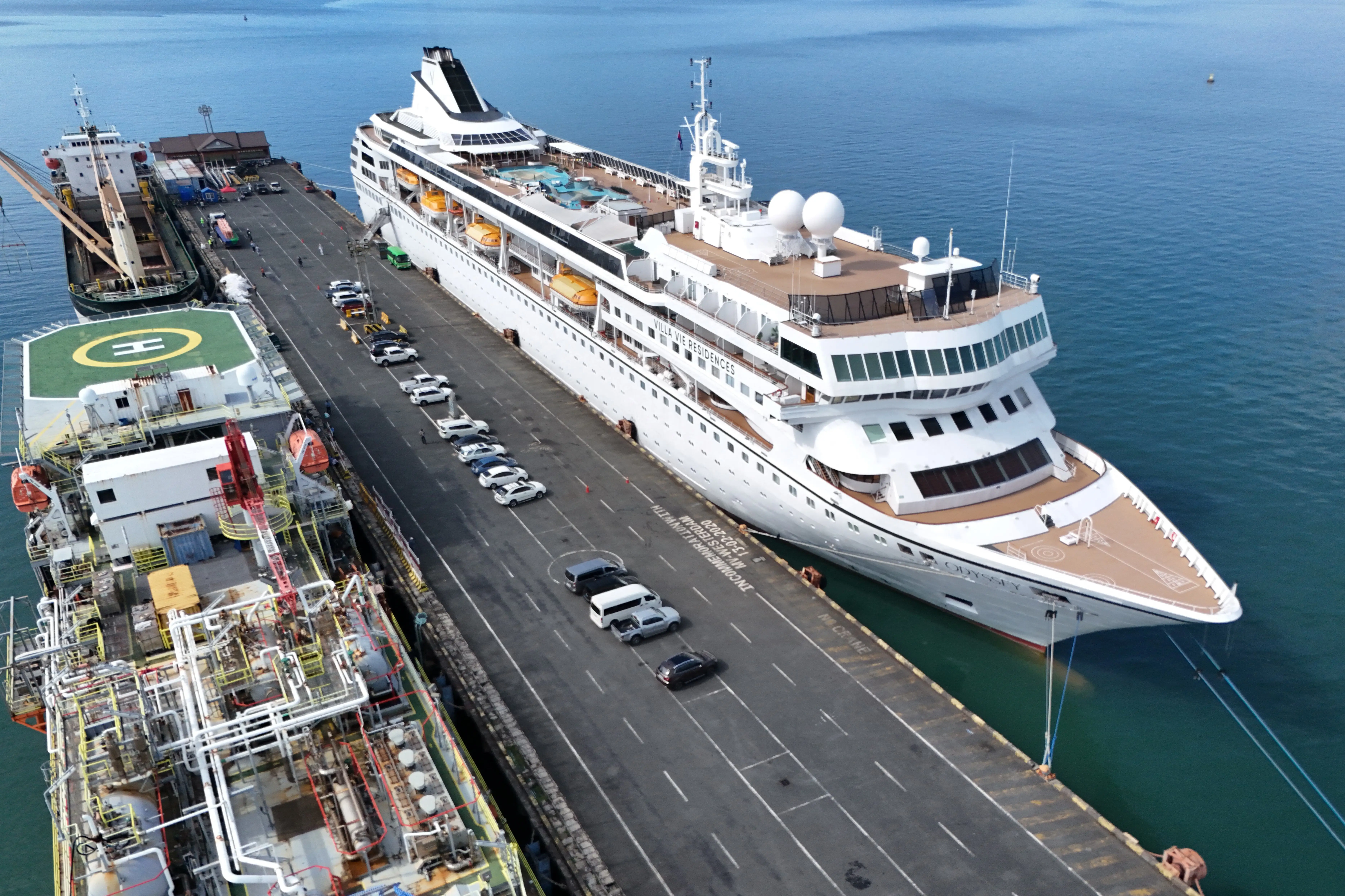 An aerial view shows the Villa Vie Residences' cruise ship Odyssey docked at Sihanoukville port, Cambodia.