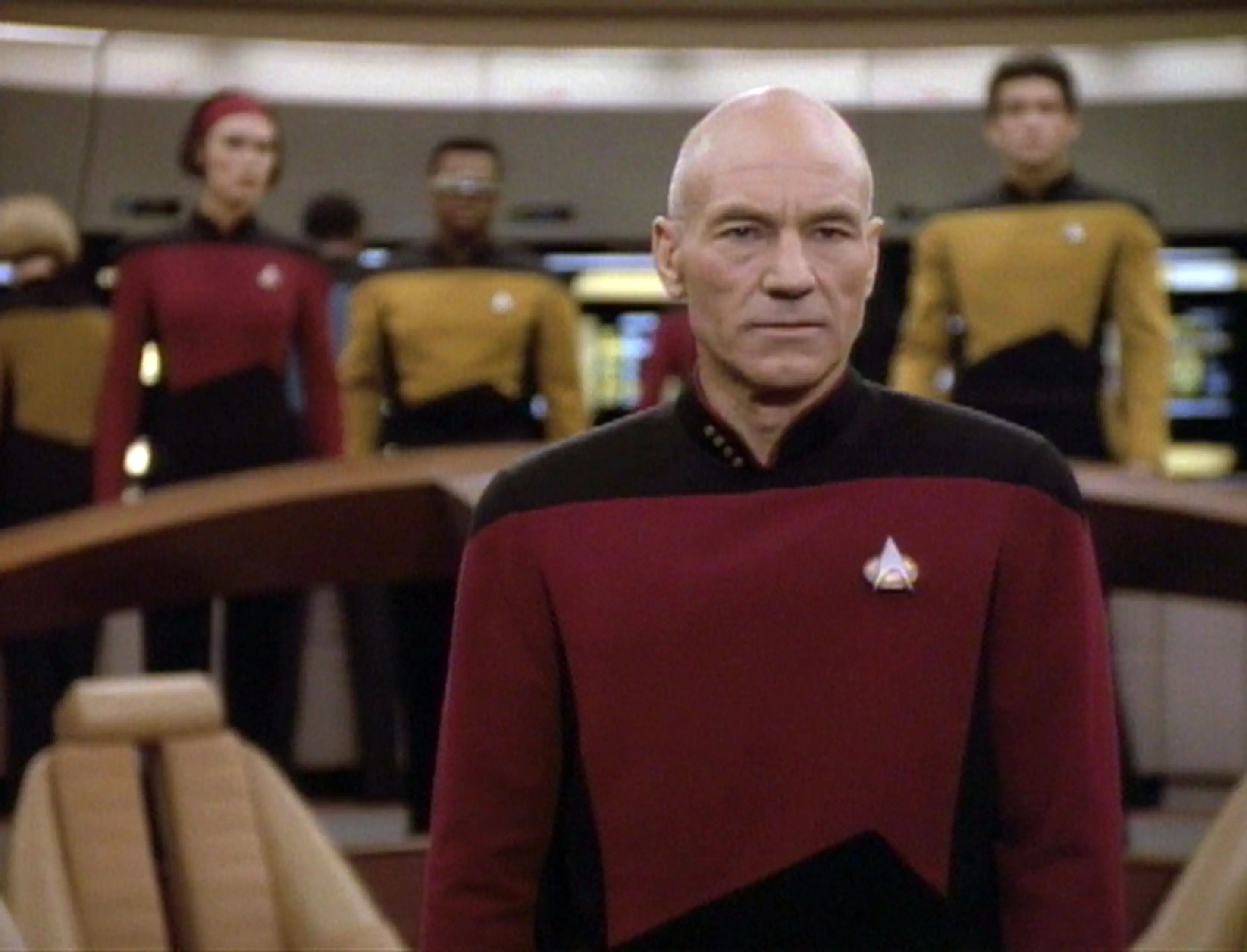 British actor Patrick Stewart (as Captain Jean-Luc Picard) in a scene from an episode of the television series 'Star Trek: The Next Generation' entitled 'The Next Phase,' California, May 16, 1992.