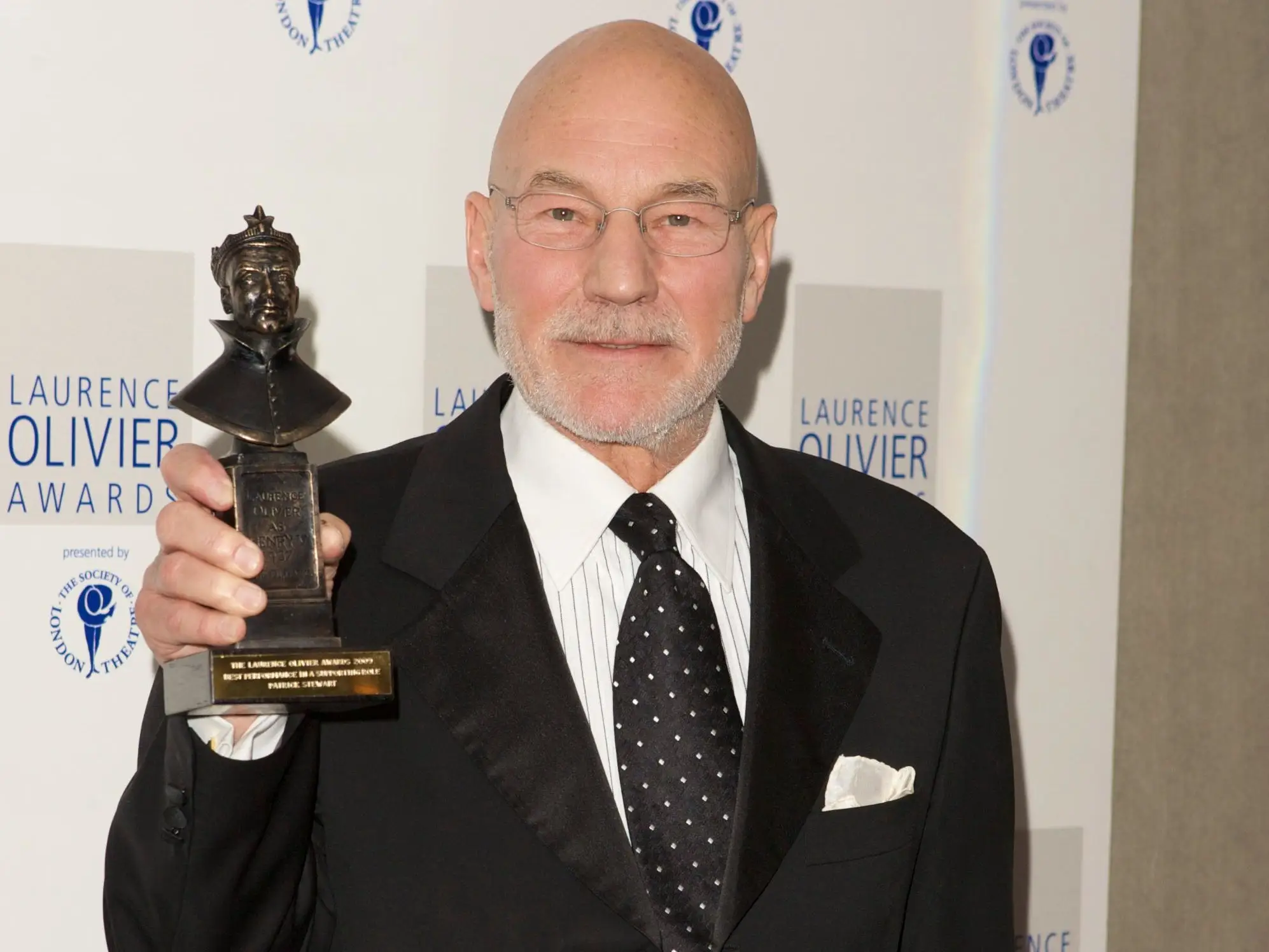 Patrick Stewart poses with his award for best supporting role at the Laurence Olivier Awards at the Grosvenor House on March 8, 2009 in London, England