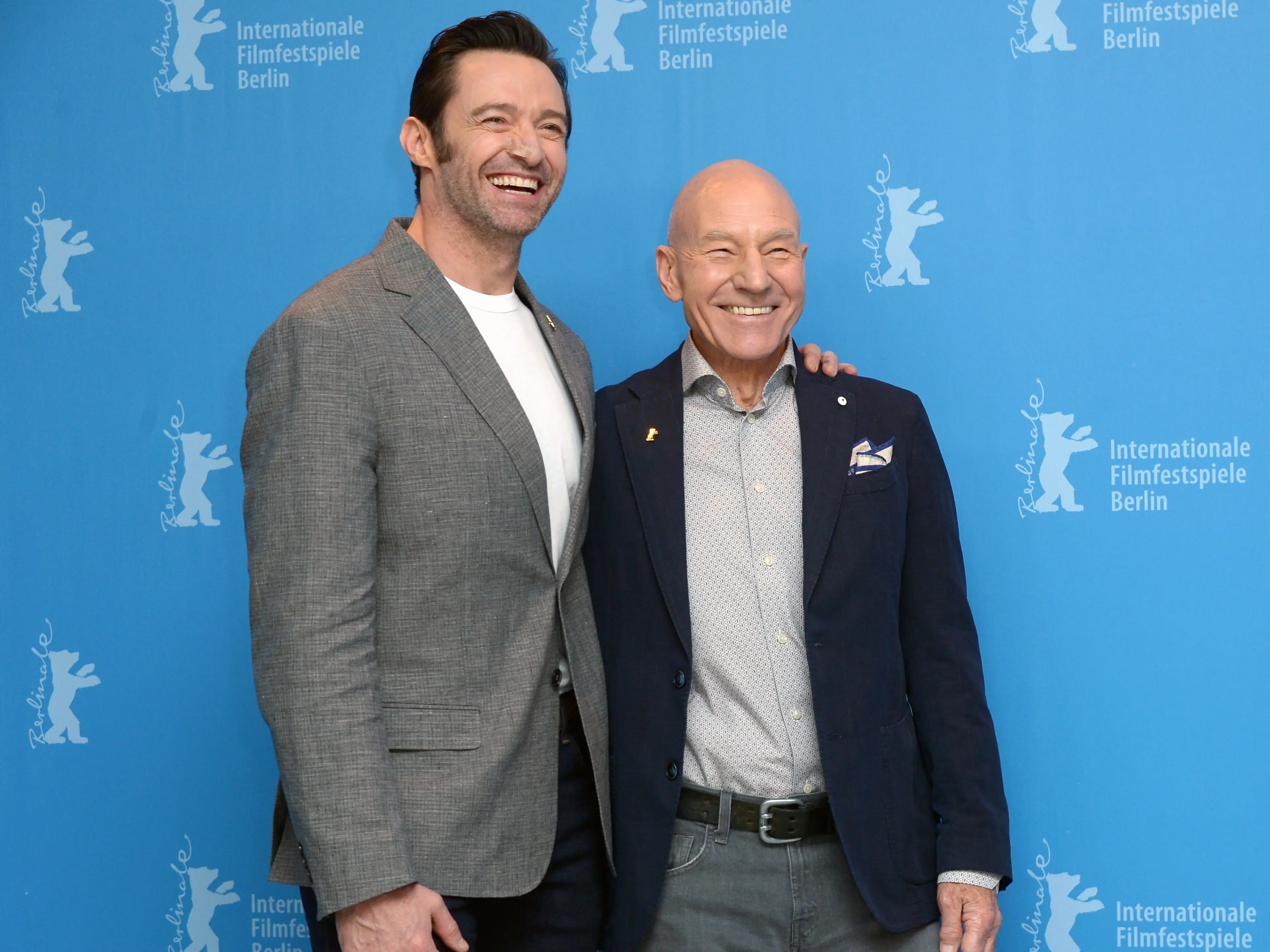 Actors Hugh Jackman and Patrick Stewart attend the 'Logan' (Masaryk) photo call during the 67th Berlinale International Film Festival Berlin at Grand Hyatt Hotel on February 17, 2017 in Berlin, Germany.