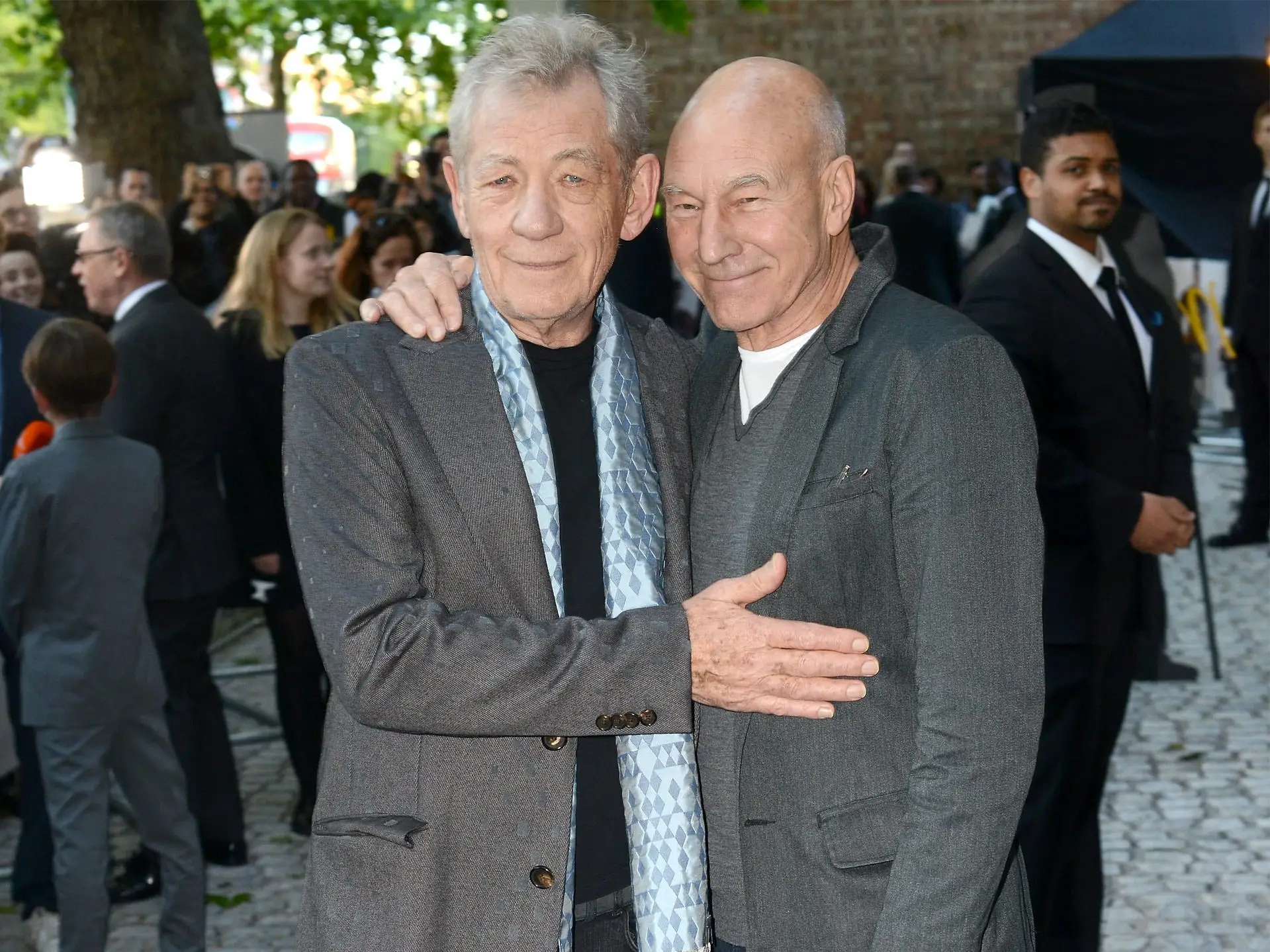 Actors Sir Ian McKellen and Patrick Stewart attend the UK Premiere of 