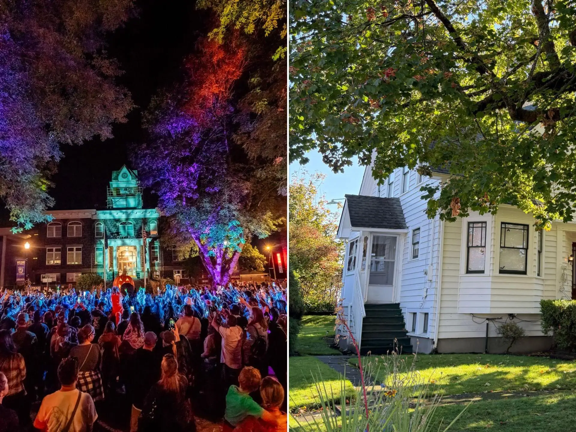 halloweentown city hall lit up with people stitched with white house.