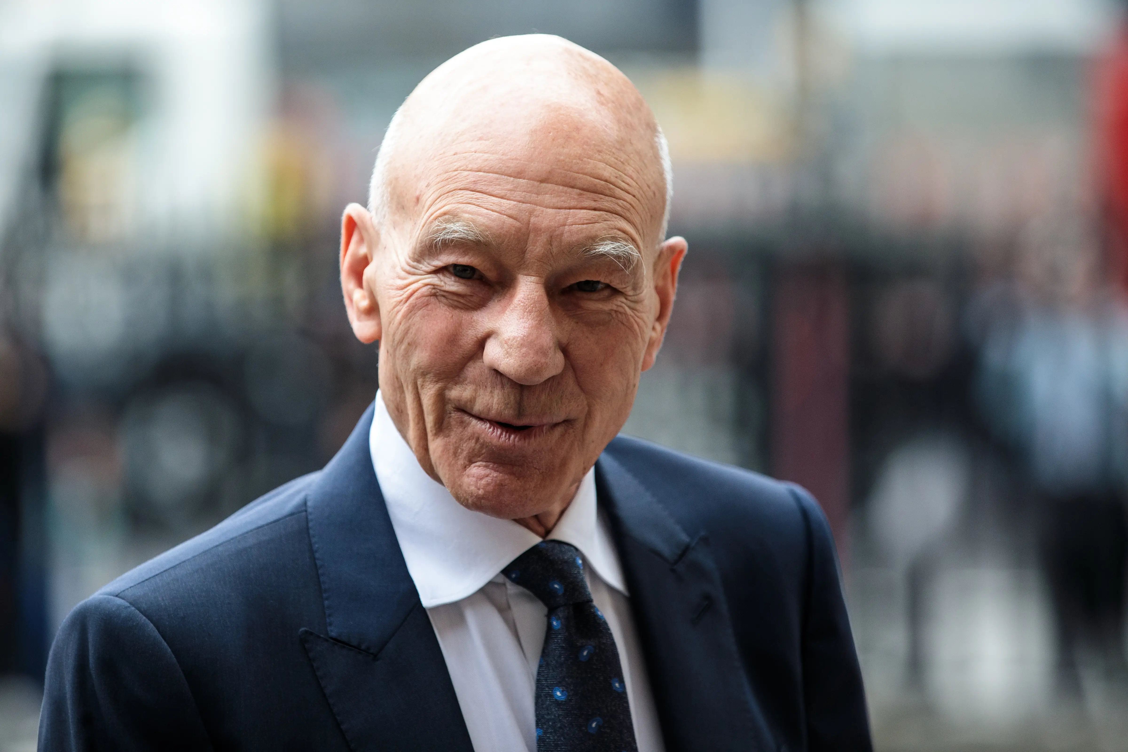 British actor Sir Patrick Stewart arrives at Westminster Abbey for a memorial service for theatre great Sir Peter Hall OBE on September 11, 2018
