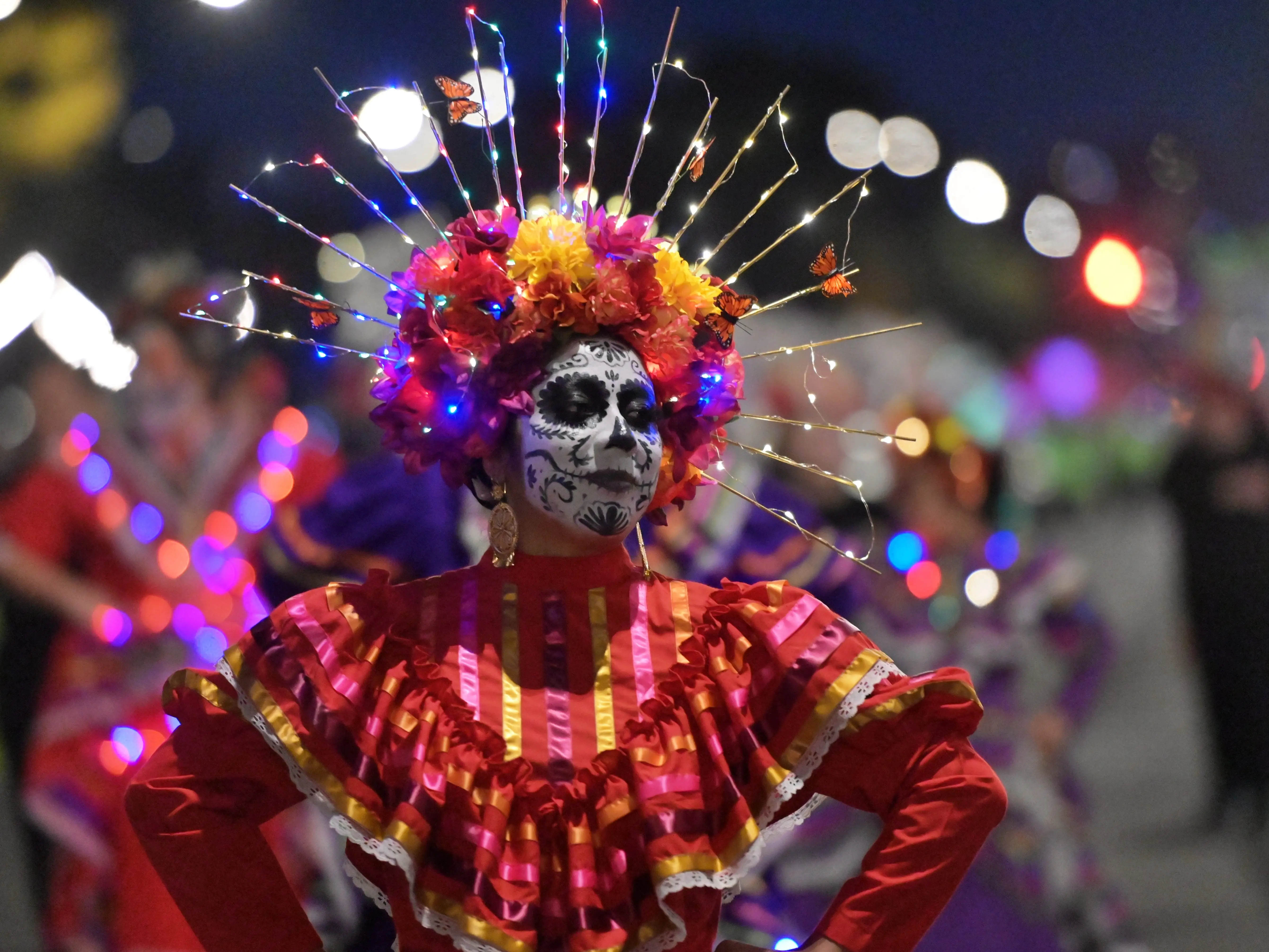 Performers take part in the Arts in the Dark Halloween Parade along Columbus Drive in Grant Park on October 24, 2026 in Chicago, Illinois, United States.
