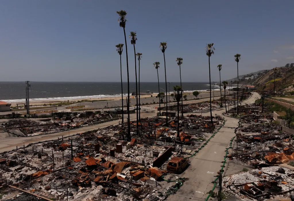 An aerial view shows a mobile home park destroyed by the Palisades Fire, with charred debris scattered among palm trees and roads near the coast.