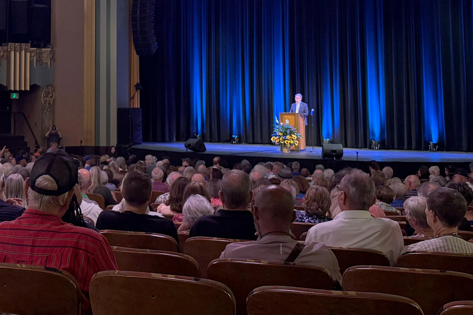Hamilton speaks inside of the Fox Theatre to a few hundred people in Hutchinson. Hamilton speaks inside of the Fox Theatre to a few hundred people in Hutchinson.