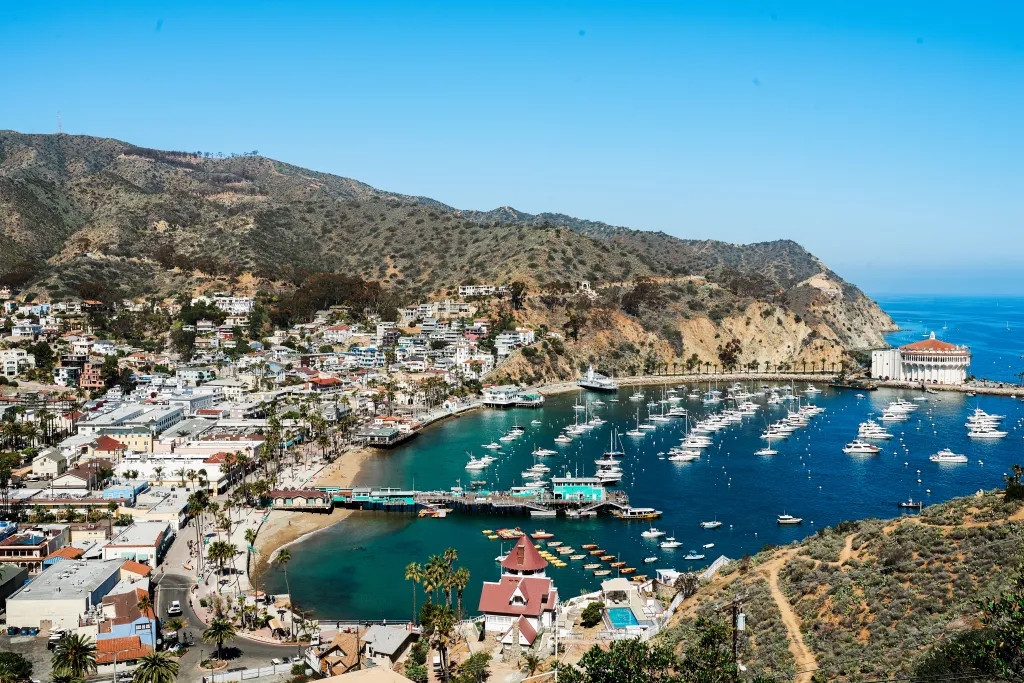 High-angle view of Catalina Island Harbor during summer, featuring boats docked in the blue water, buildings along the shoreline, and rolling hills in the background.