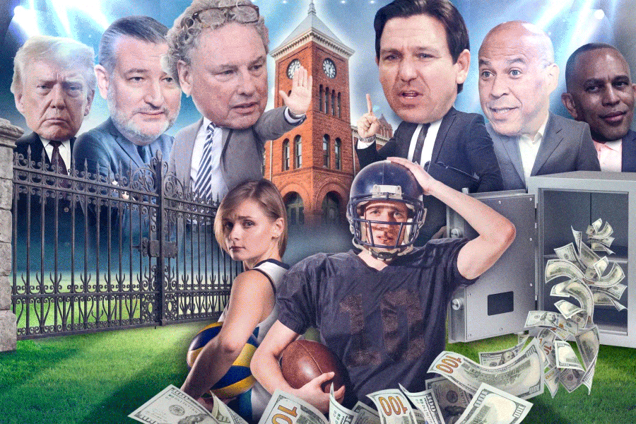 Collage of political figures behind college athletes surrounded by money.
