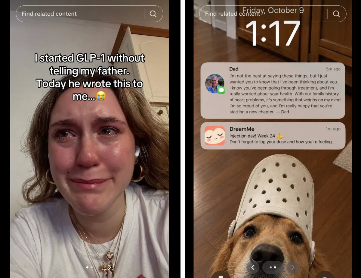 A screenshot from TikTok shows a woman sobbing about GLP-1s with a text from her dad saying he's happy for her.