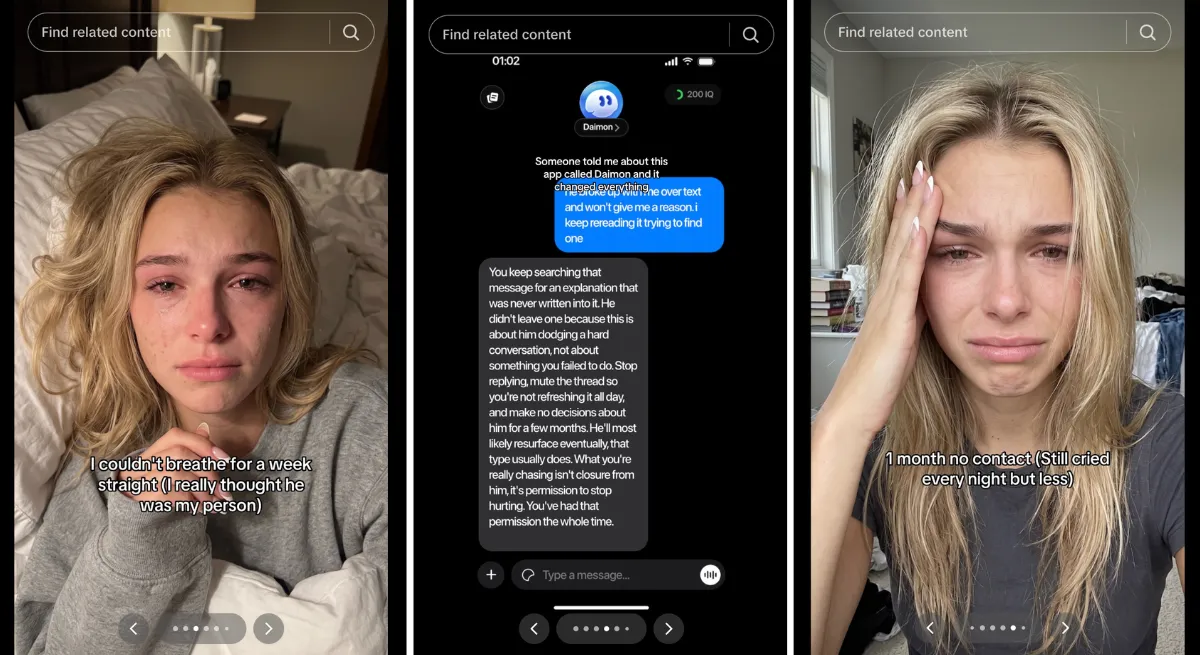 A screenshot from TikTok shows a woman crying in bed and using a mental health app.