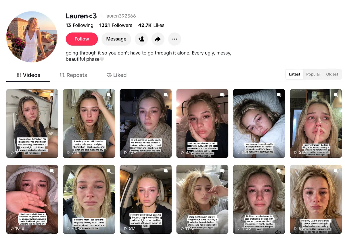 A screenshot of a TikTok account shows many posts of AI-generated women sobbing about mental health.