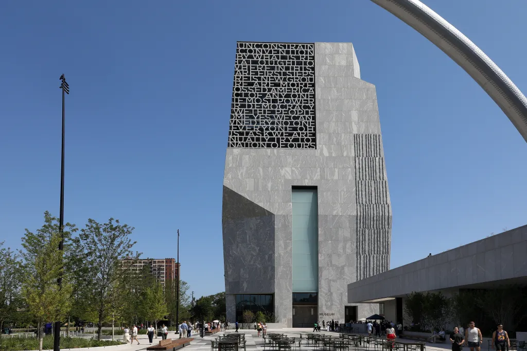 Exterior view of the striking gray marble-clad structure of the National Museum of the United States Army, featuring the