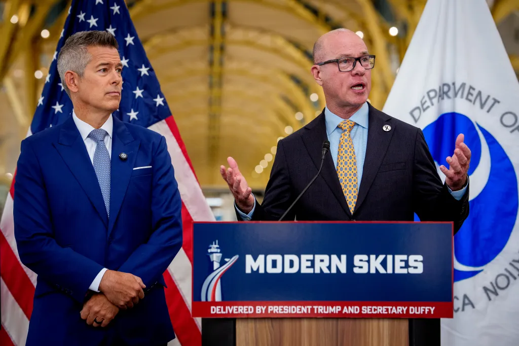 Federal Aviation Administration (FAA) Administrator Bryan Bedford (R), accompanied by Transportation Secretary Sean Duffy