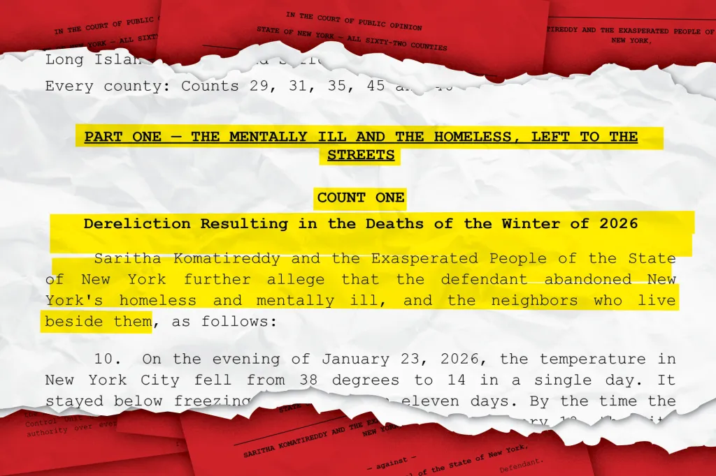 Collage of legal documents highlighting counts of dereliction against the mentally ill and homeless.