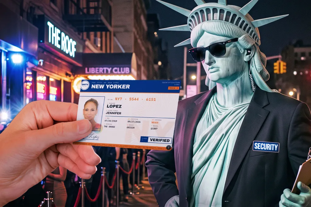 Illustration of a person holding a New Yorker ID card in front of a Statue of Liberty bouncer wearing sunglasses and a security badge.