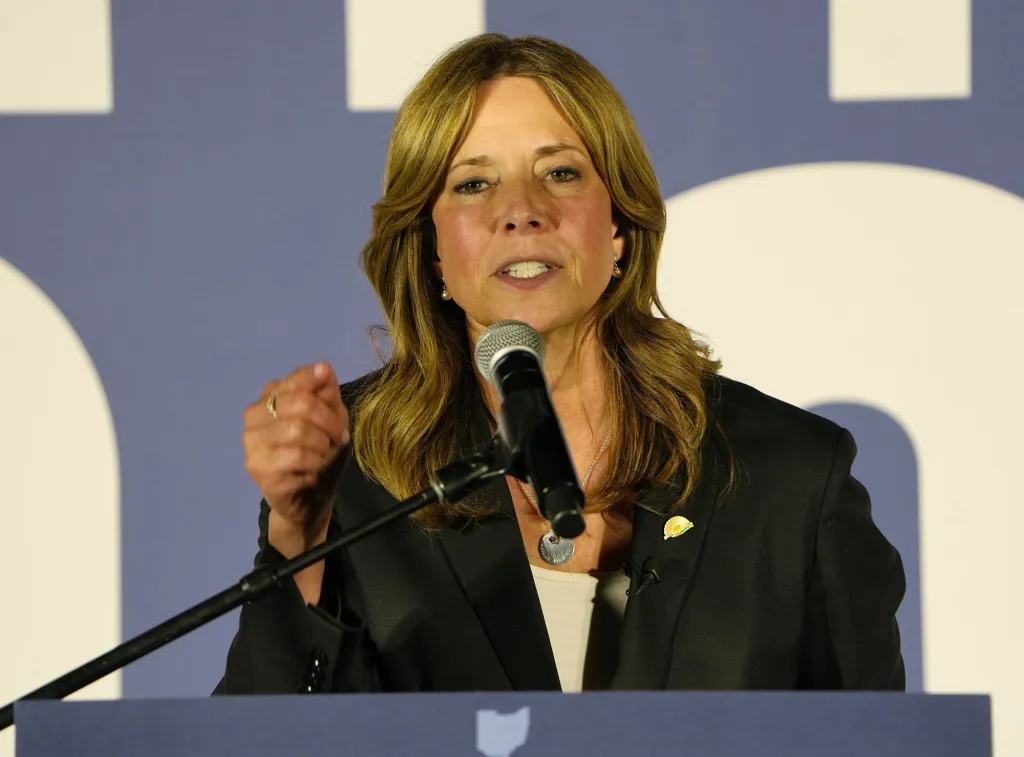 Ohio gubernatorial candidate Amy Acton gestures during her speech at the Fighting for Ohio Akron Rally.