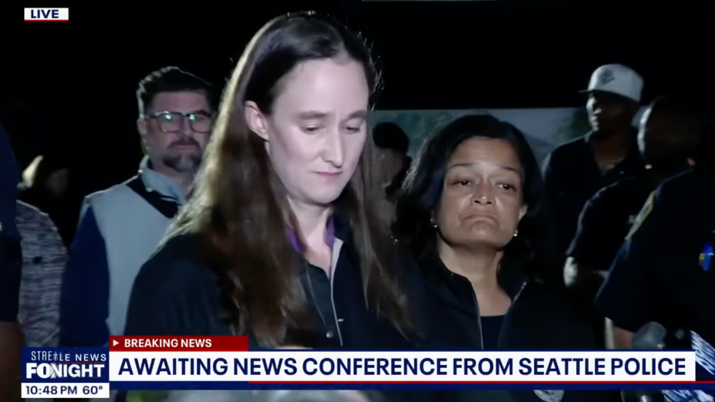 Seattle Mayor Katie Wilson speaks at a news conference alongside Rep. Pramila Jayapal after a deadly shooting on July 26, 2026.
