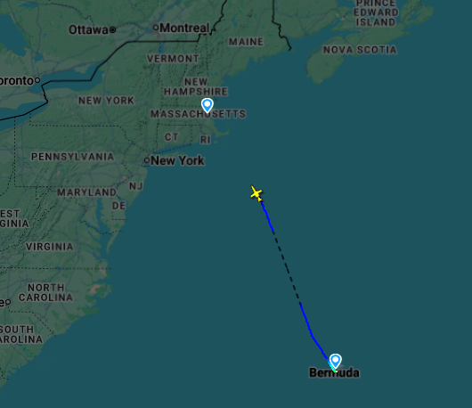 Map showing a flight path from Massachusetts to Bermuda over the Atlantic Ocean.
