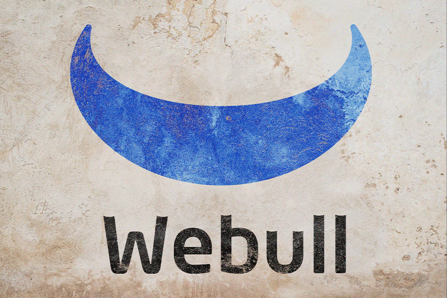 Illustration of the Webull logo, featuring a blue crescent shape above the black text 