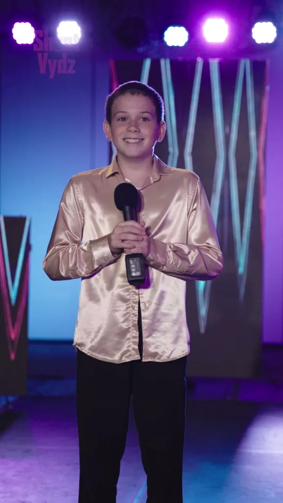 A young boy in a gold shirt holds a microphone on a stage with purple lighting.