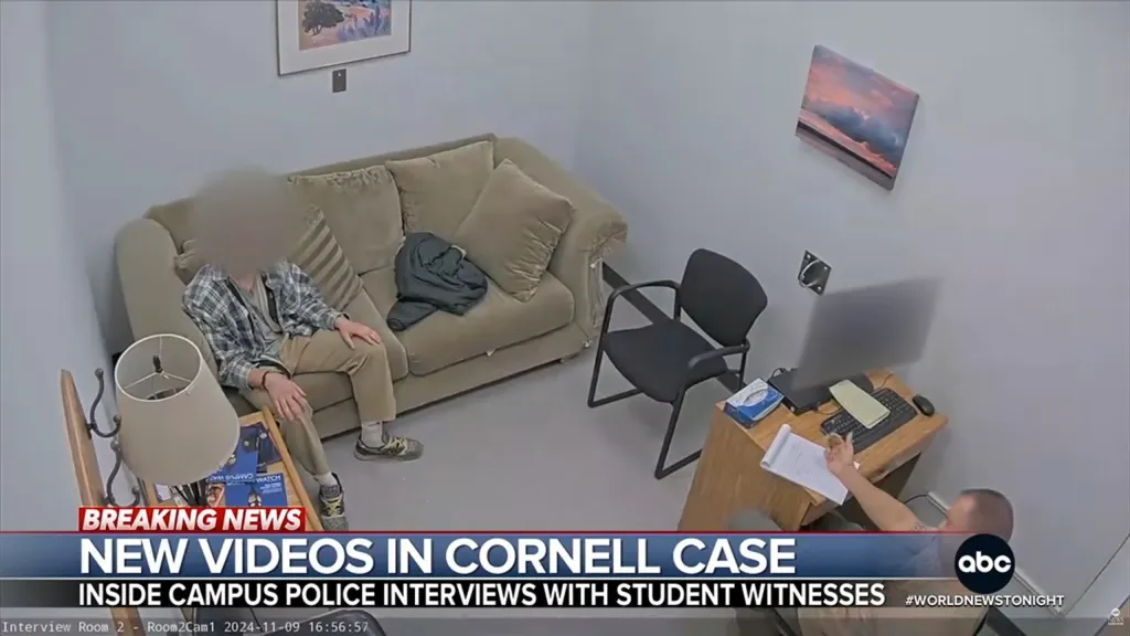 Campus police interview a student witness in an interview room.