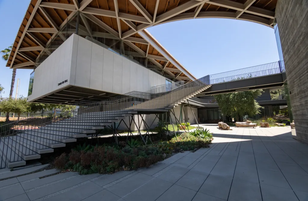 Academic building with modern architecture on the campus of Pomona College in Claremont, California.