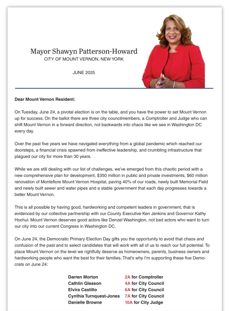 A letter from Mount Vernon Mayor Shawyn Patterson-Howard endorsing specific Democratic candidates for the upcoming primary election.
