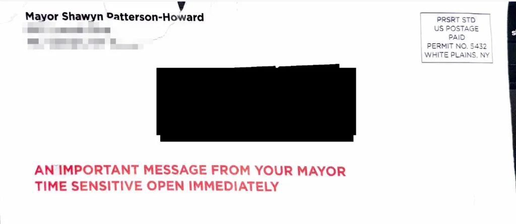 A mail envelope with the return address of Mayor Shawyn Patterson-Howard, stamped with 