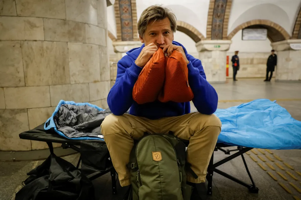 Actor Nikolaj Coster-Waldau takes shelter inside a metro station in Kyiv.