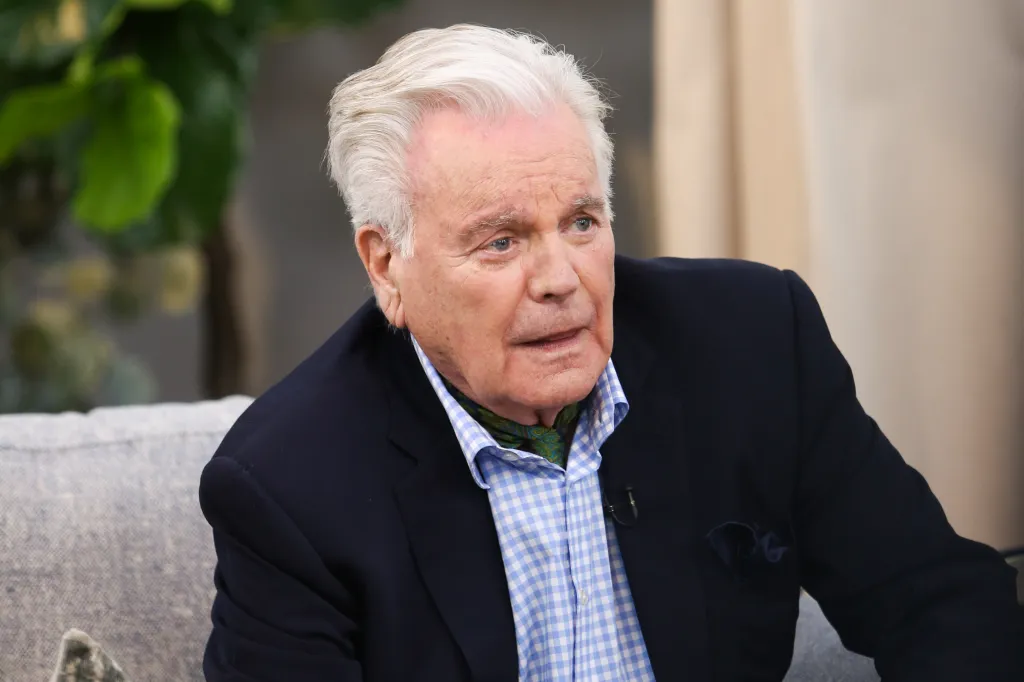 Actor Robert Wagner wearing a blue suit jacket and checkered shirt.