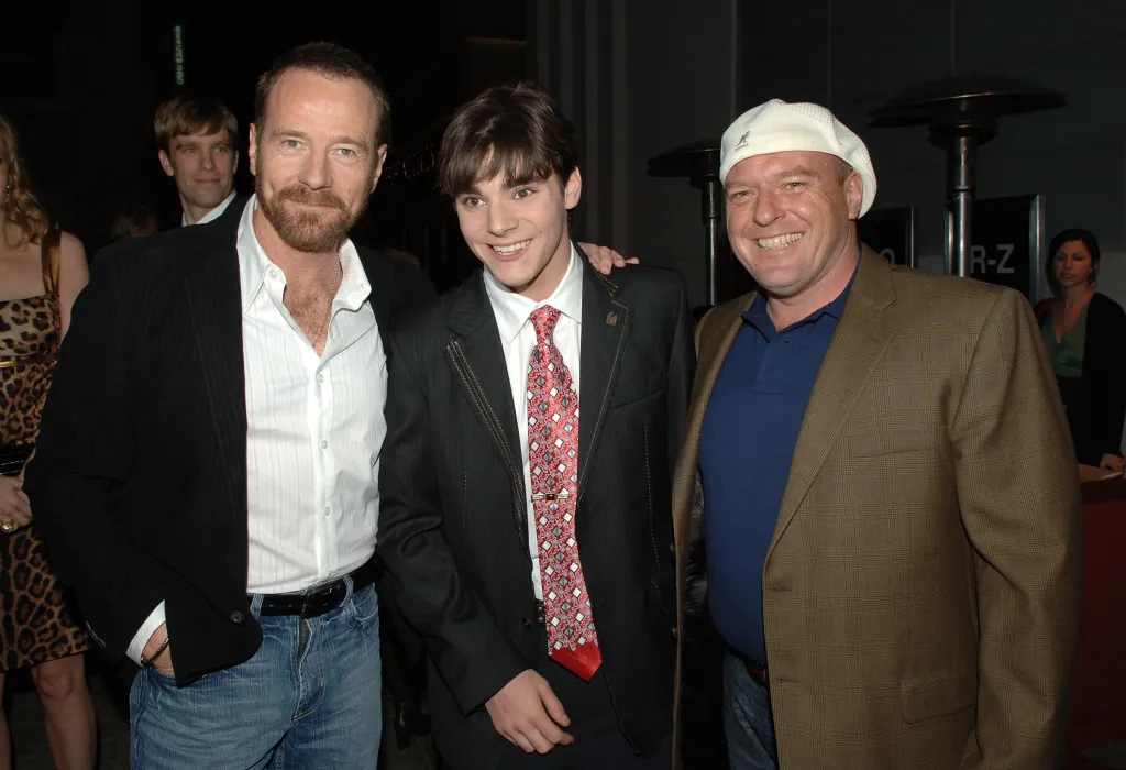 Actors Bryan Cranston, RJ Mitte and Dean Norris pose for a photo at the premiere of Breaking Bad.